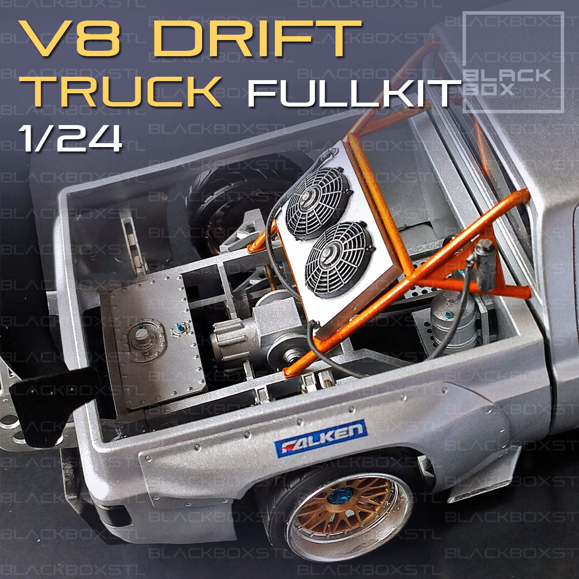 Model truck with open hood showing engine details, branded 'Falken' on a dark background.