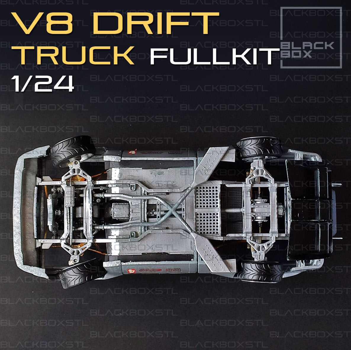 Model of a V8 drift truck with 'BlackBox STL' branding on a dark background