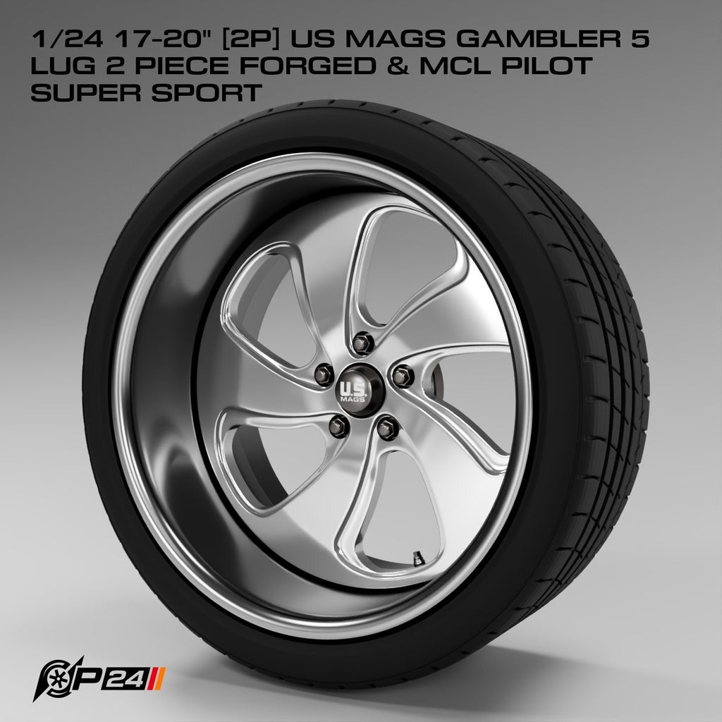 17–20-Inch US Mags Gambler 5-Lug 2-Piece Forged Wheels & MCL Pilot Super Sport Tires – Pair – 1/24 & 1/25 Scale