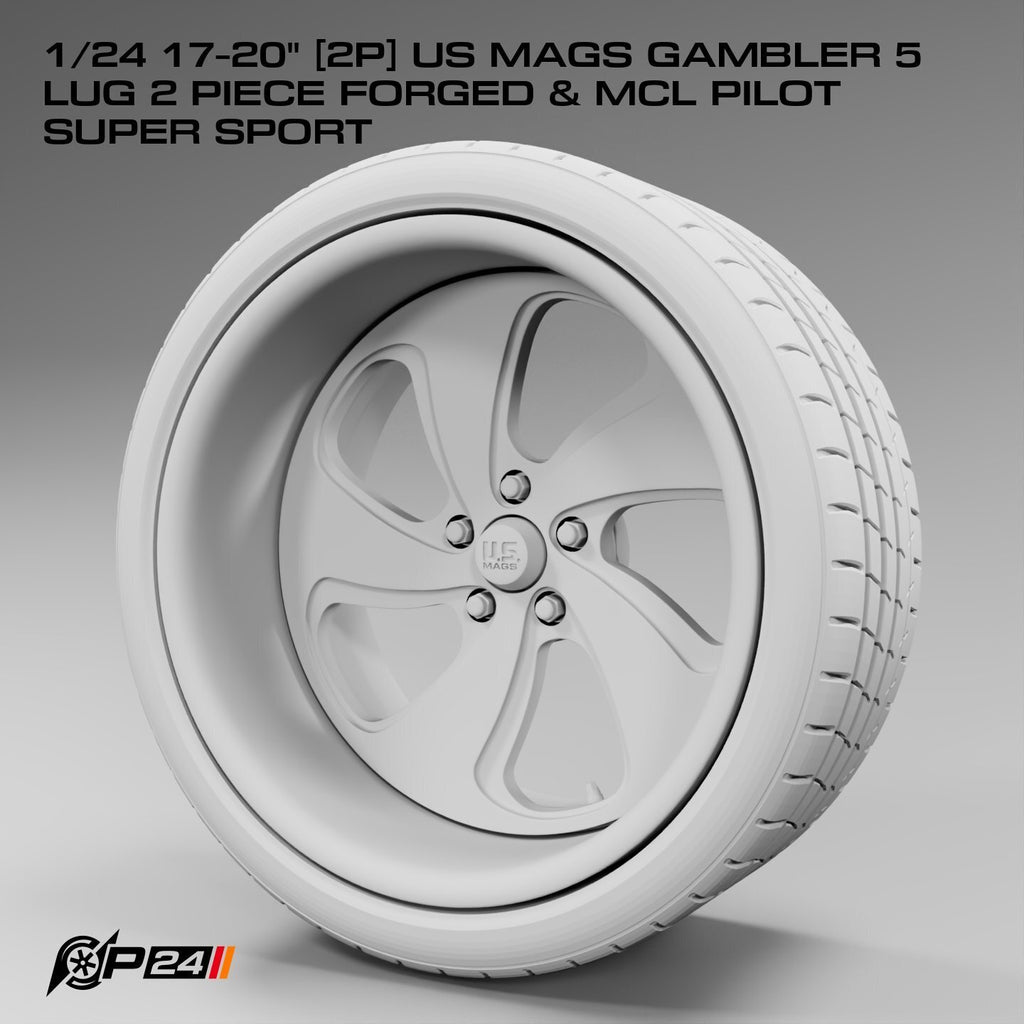 17–20-Inch US Mags Gambler 5-Lug 2-Piece Forged Wheels & MCL Pilot Super Sport Tires – Pair – 1/24 & 1/25 Scale