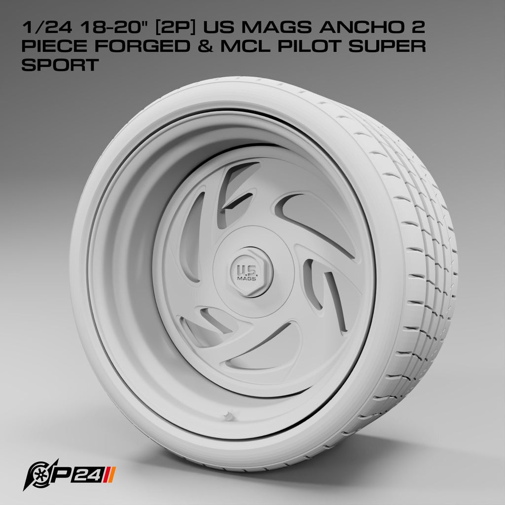 18 & 20-Inch US Mags Ancho 2-Piece Forged Wheels & MCL Pilot Super Sport Tires – Set of 4 – 1/24 Scale