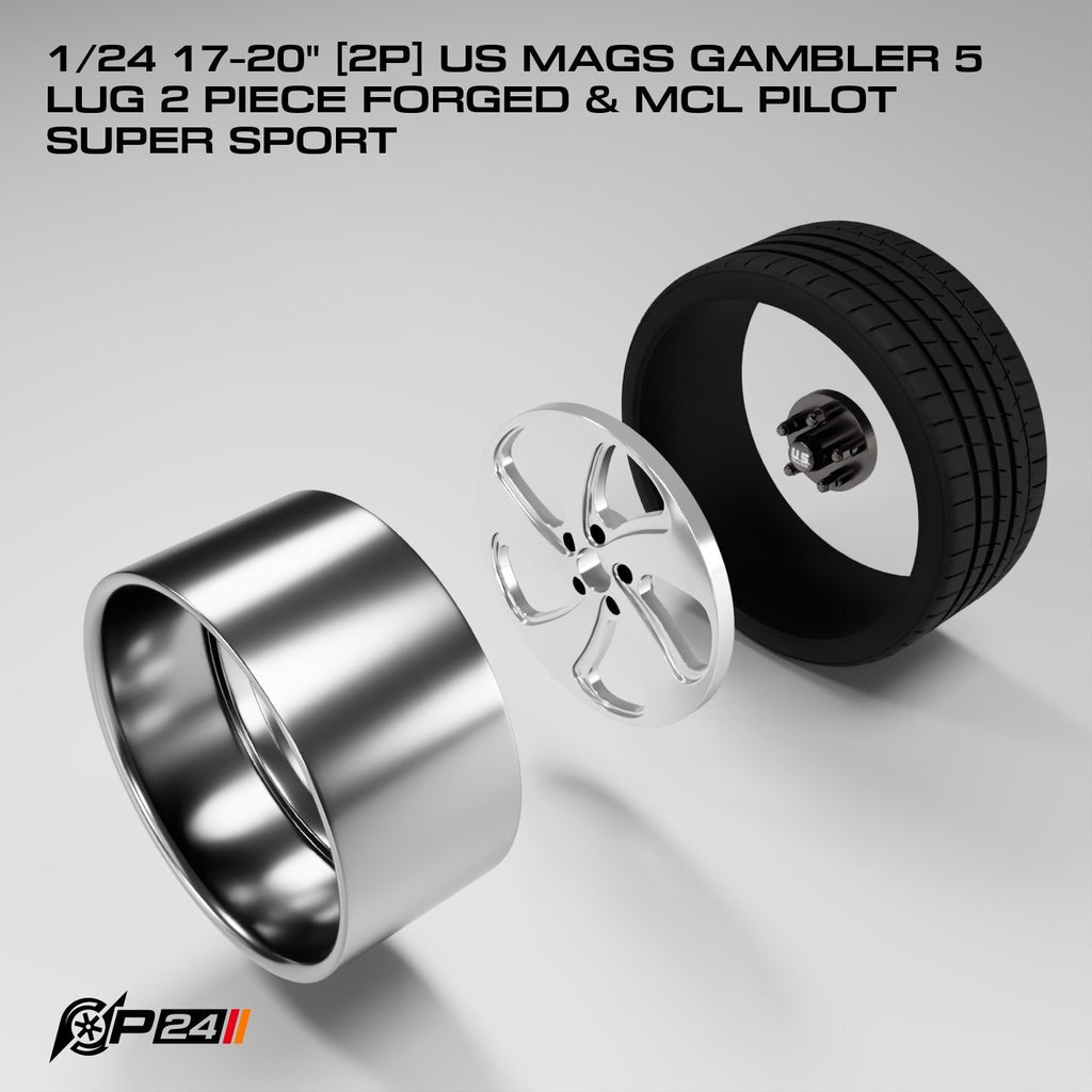 17–20-Inch US Mags Gambler 5-Lug 2-Piece Forged Wheels & MCL Pilot Super Sport Tires – Pair – 1/24 & 1/25 Scale