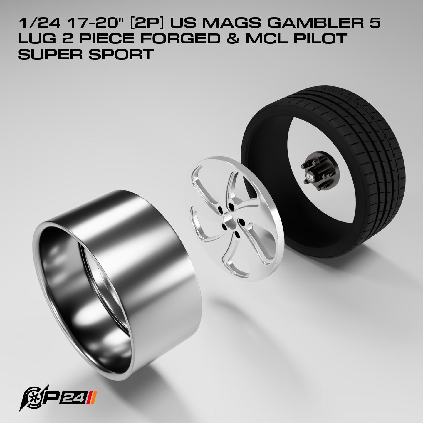 17–20-Inch US Mags Gambler 5-Lug 2-Piece Forged Wheels & MCL Pilot Super Sport Tires – Pair – 1/24 & 1/25 Scale