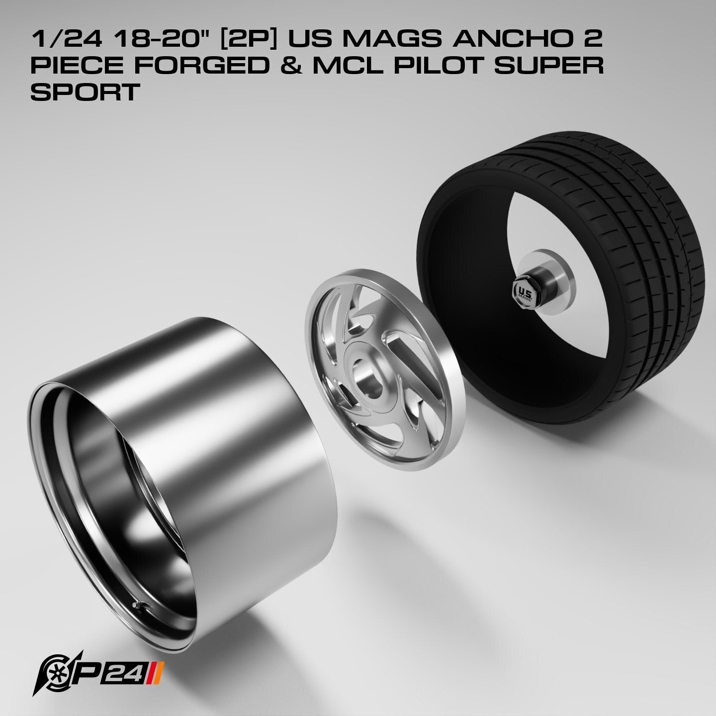 18 & 20-Inch US Mags Ancho 2-Piece Forged Wheels & MCL Pilot Super Sport Tires – Set of 4 – 1/24 Scale