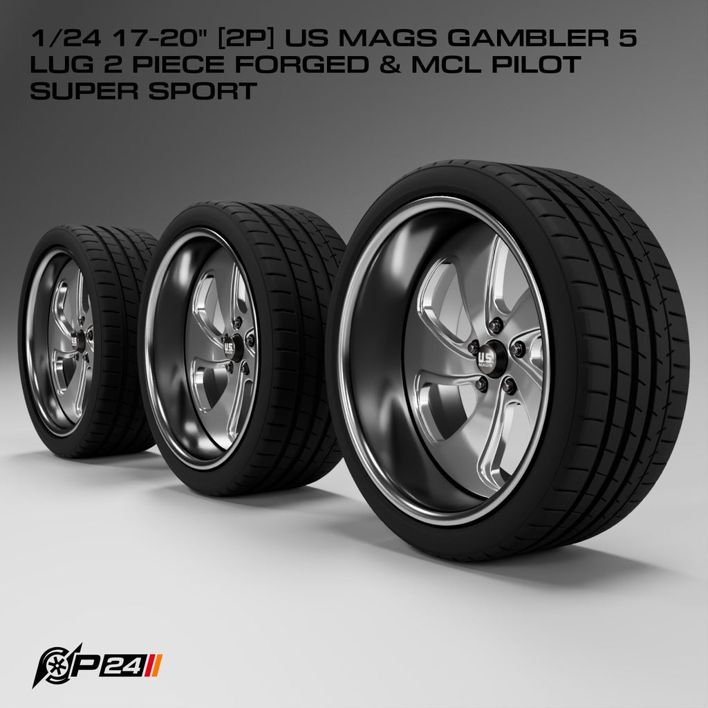 17–20-Inch US Mags Gambler 5-Lug 2-Piece Forged Wheels & MCL Pilot Super Sport Tires – Pair – 1/24 & 1/25 Scale