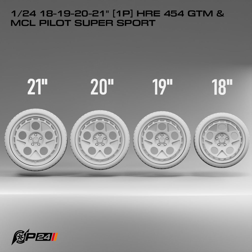 18–21-Inch HRE 454 GTM Wheels & MCL Pilot Super Sport Tires – Set of 4 – 1/24 Scale