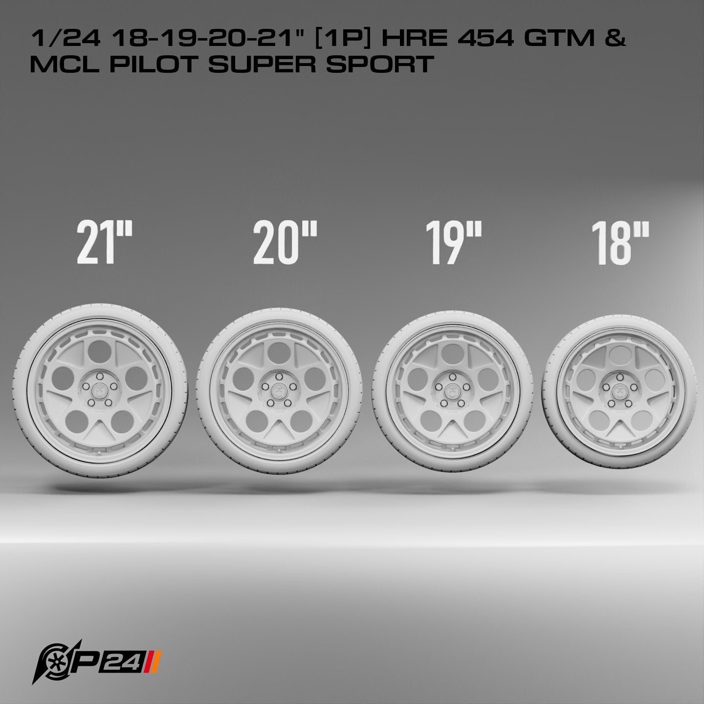 18–21-Inch HRE 454 GTM Wheels & MCL Pilot Super Sport Tires – Set of 4 – 1/24 Scale