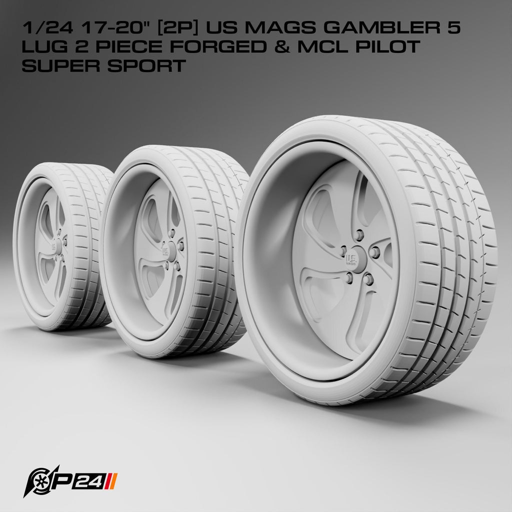 17–20-Inch US Mags Gambler 5-Lug 2-Piece Forged Wheels & MCL Pilot Super Sport Tires – Pair – 1/24 & 1/25 Scale