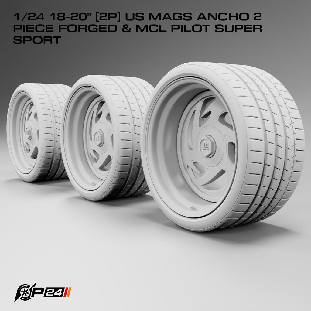 18 & 20-Inch US Mags Ancho 2-Piece Forged Wheels & MCL Pilot Super Sport Tires – Set of 4 – 1/24 Scale