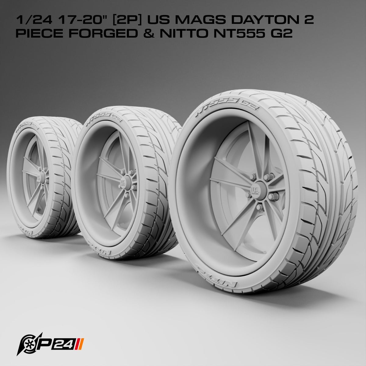 17 & 20-Inch US Mags Dayton 2-Piece Forged Wheels & Nitto NT555 G2 Tires – Set of 4 – 1/24 Scale by P24 Hobby – product image…