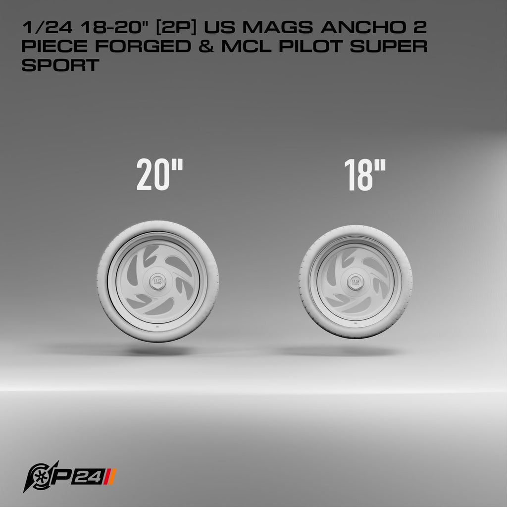 18 & 20-Inch US Mags Ancho 2-Piece Forged Wheels & MCL Pilot Super Sport Tires – Set of 4 – 1/24 Scale