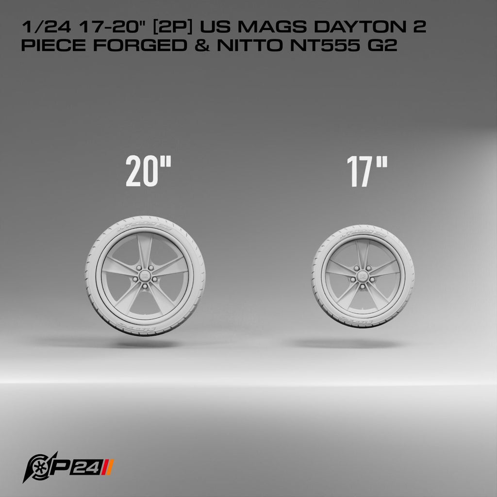 17 & 20-Inch US Mags Dayton 2-Piece Forged Wheels & Nitto NT555 G2 Tires – Set of 4 – 1/24 Scale by P24 Hobby – product image…